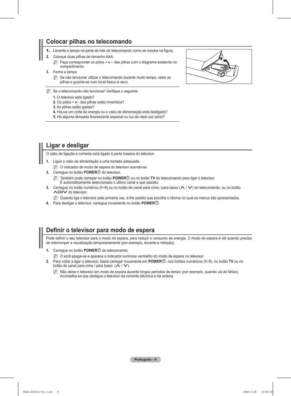 Colocar pilhas no telecomando, Ligar e desligar, Definir o televisor para modo de espera | Samsung PS50B430P2W User Manual | Page 196 / 283