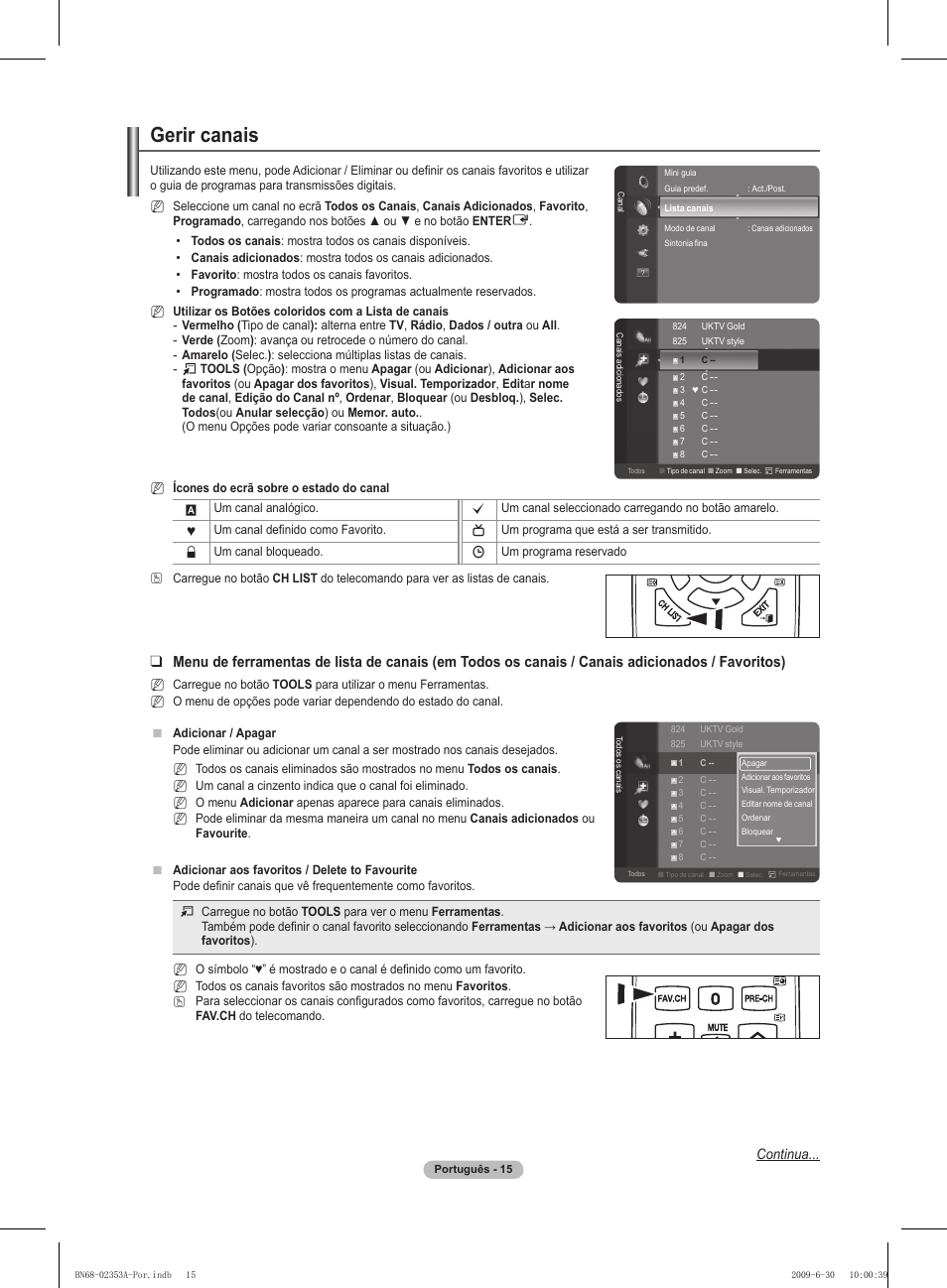 Gerir canais, Continua | Samsung PS50B430P2W User Manual | Page 202 / 283