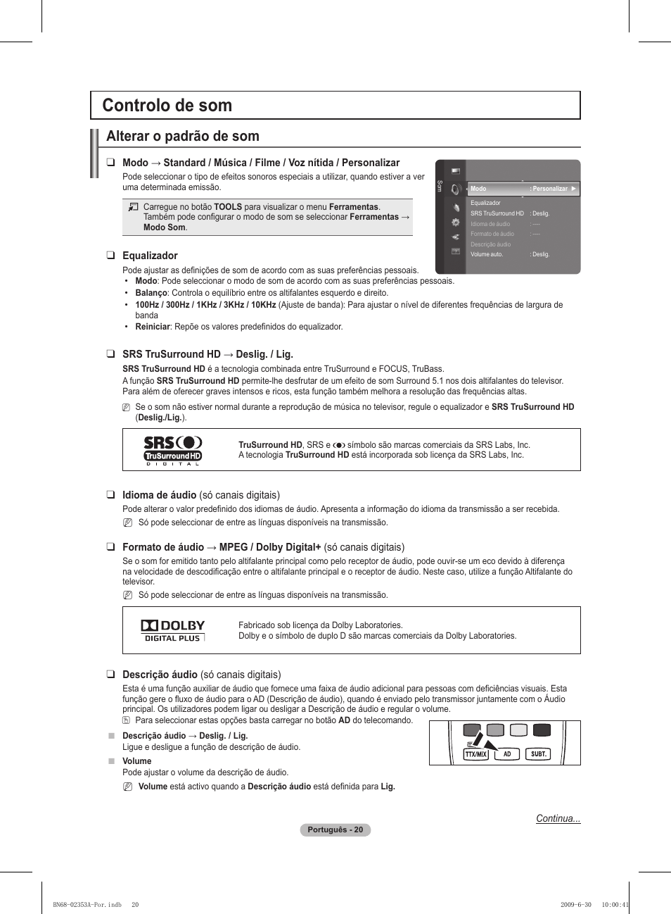 Controlo de som, Alterar o padrão de som | Samsung PS50B430P2W User Manual | Page 207 / 283