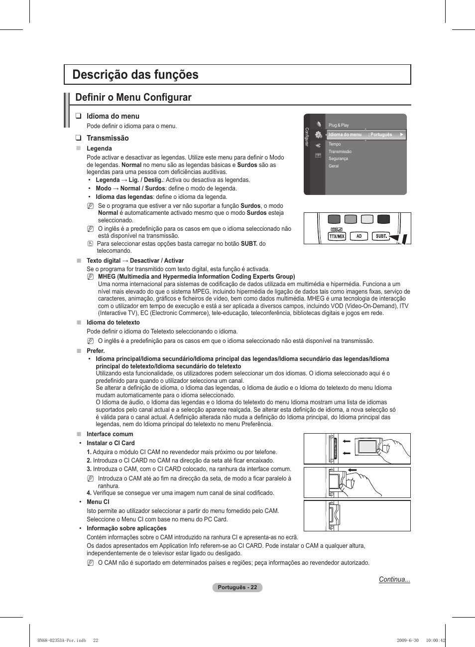 Descrição das funções, Definir o menu configurar | Samsung PS50B430P2W User Manual | Page 209 / 283