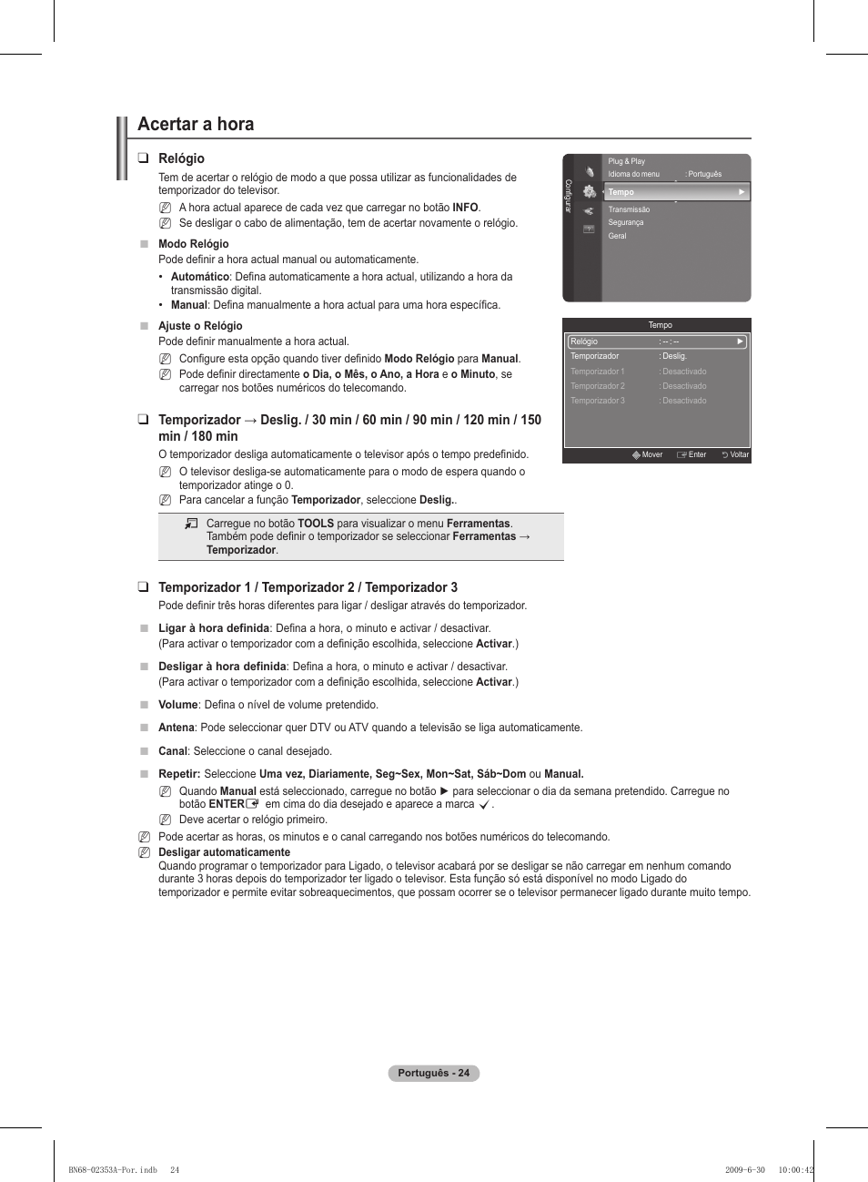 Acertar a hora, Relógio, Temporizador 1 / temporizador  / temporizador 3 | Samsung PS50B430P2W User Manual | Page 211 / 283