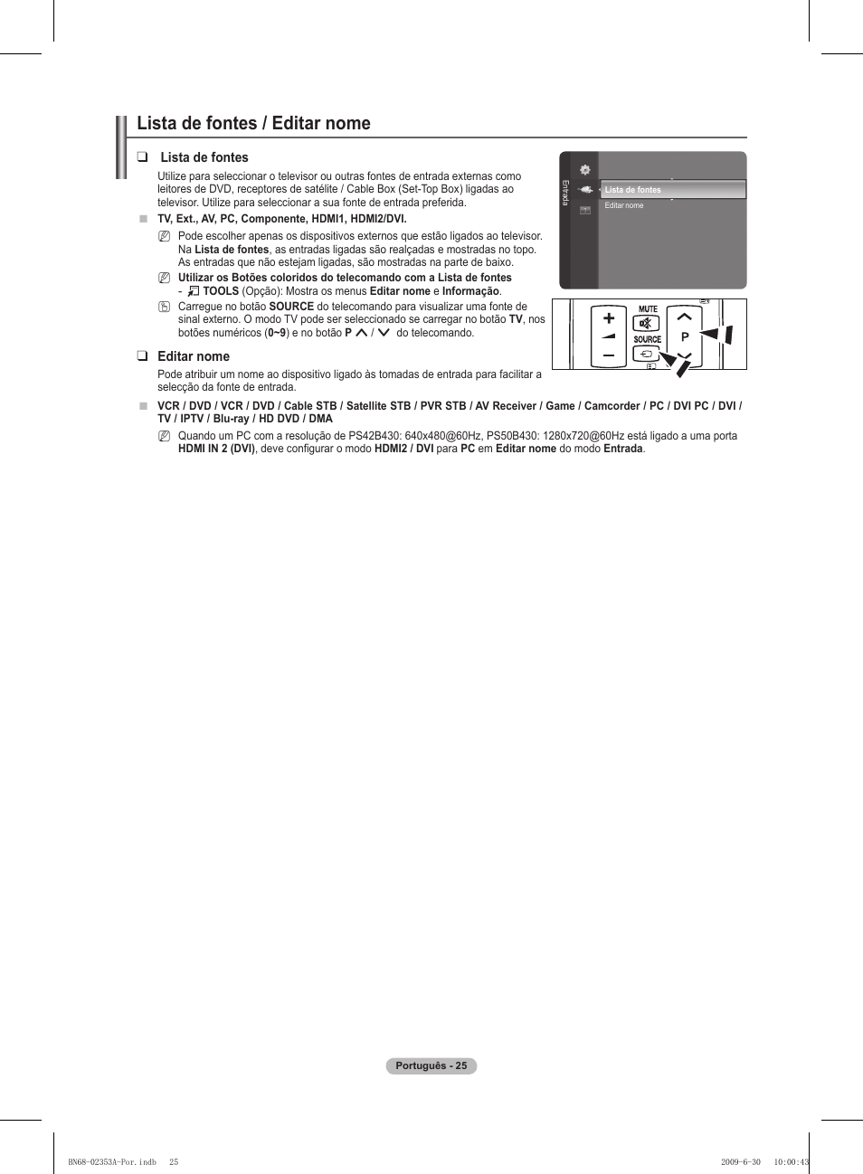 Lista de fontes / editar nome | Samsung PS50B430P2W User Manual | Page 212 / 283