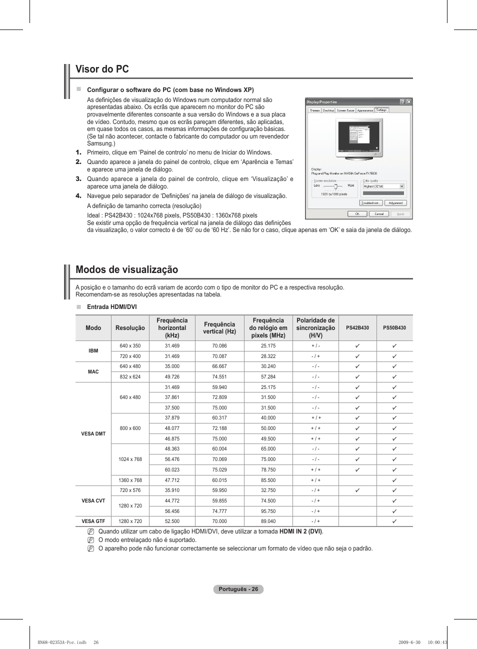 Modos de visualização, Visor do pc | Samsung PS50B430P2W User Manual | Page 213 / 283