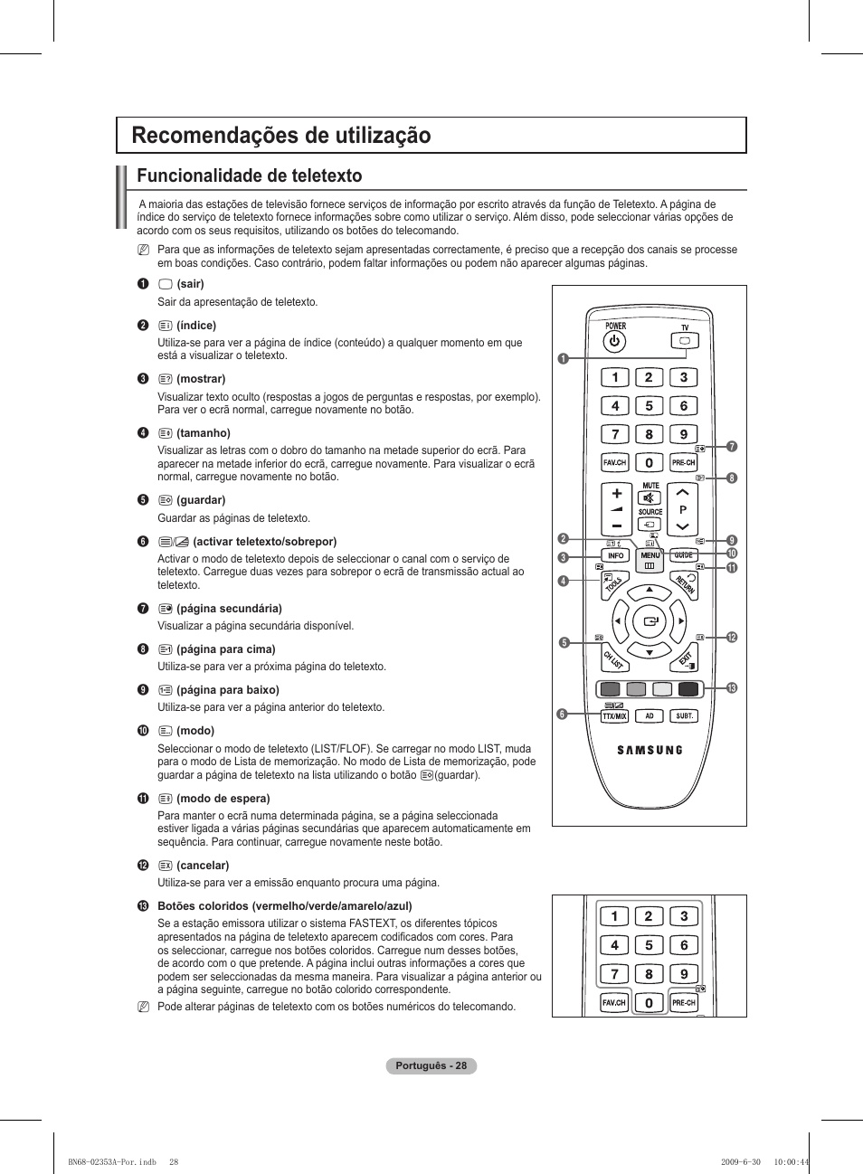 Recomendações de utilização, Funcionalidade de teletexto | Samsung PS50B430P2W User Manual | Page 215 / 283