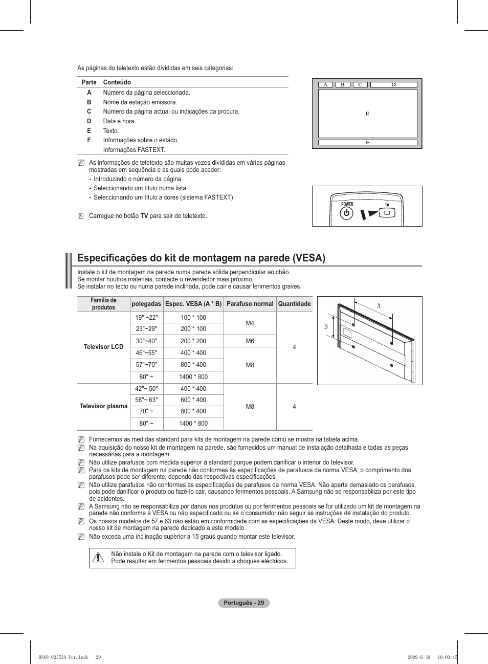 Especificações do kit de montagem na parede (vesa) | Samsung PS50B430P2W User Manual | Page 216 / 283