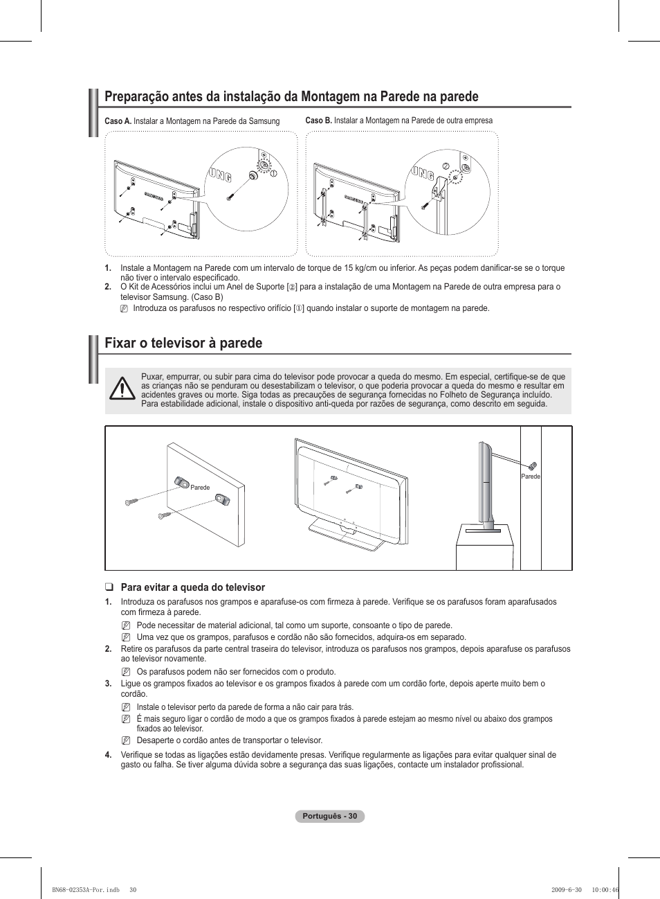 경고 주의 경고 주의, Fixar o televisor à parede | Samsung PS50B430P2W User Manual | Page 217 / 283