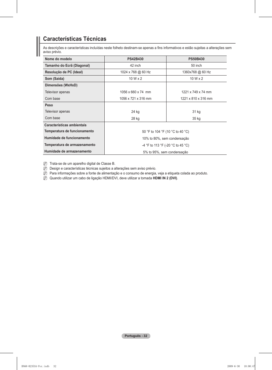 Características técnicas | Samsung PS50B430P2W User Manual | Page 219 / 283