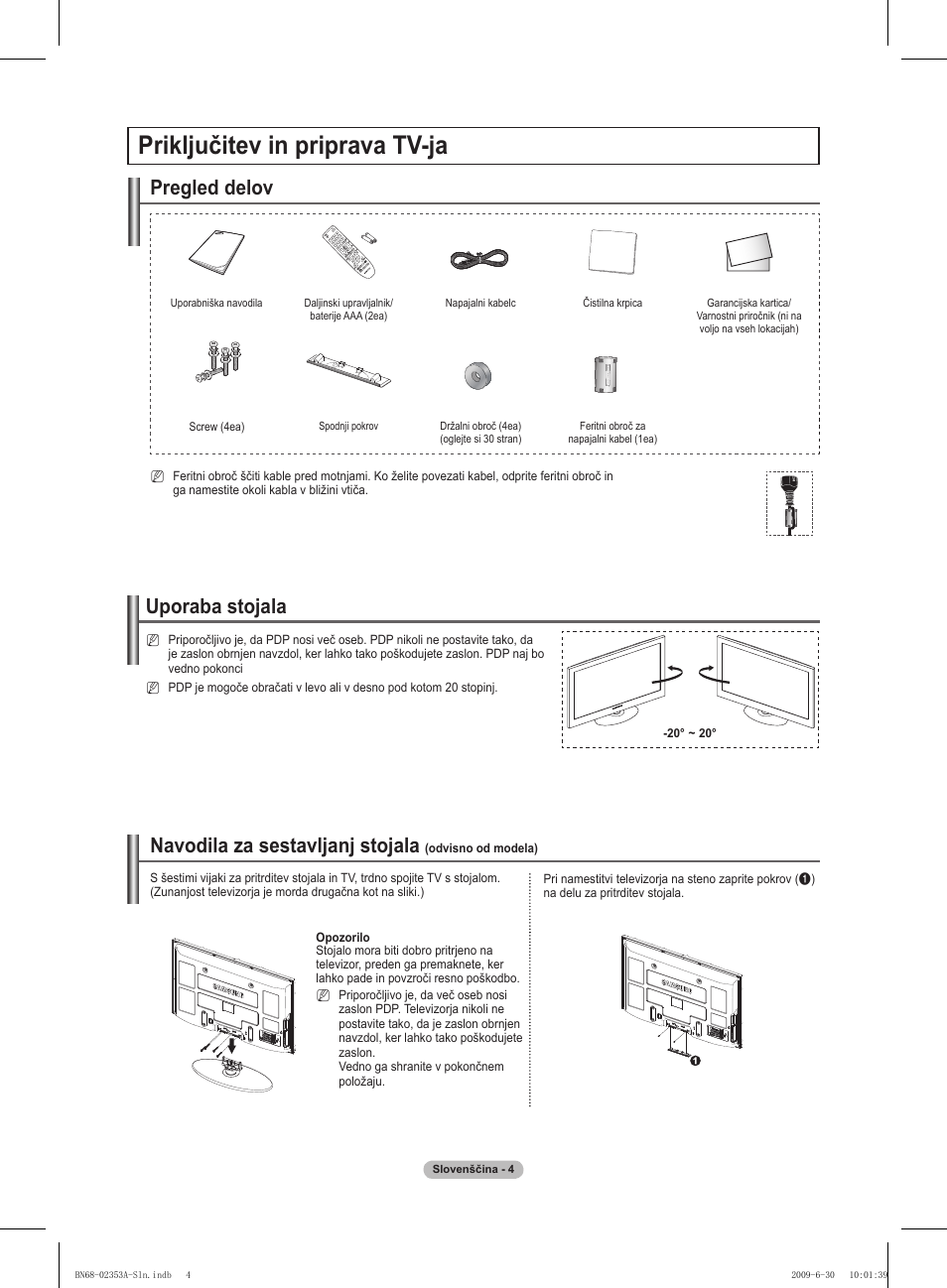 Priključitev in priprava tv-ja, Pregled delov, Uporaba stojala | Navodila za sestavljanj stojala | Samsung PS50B430P2W User Manual | Page 222 / 283