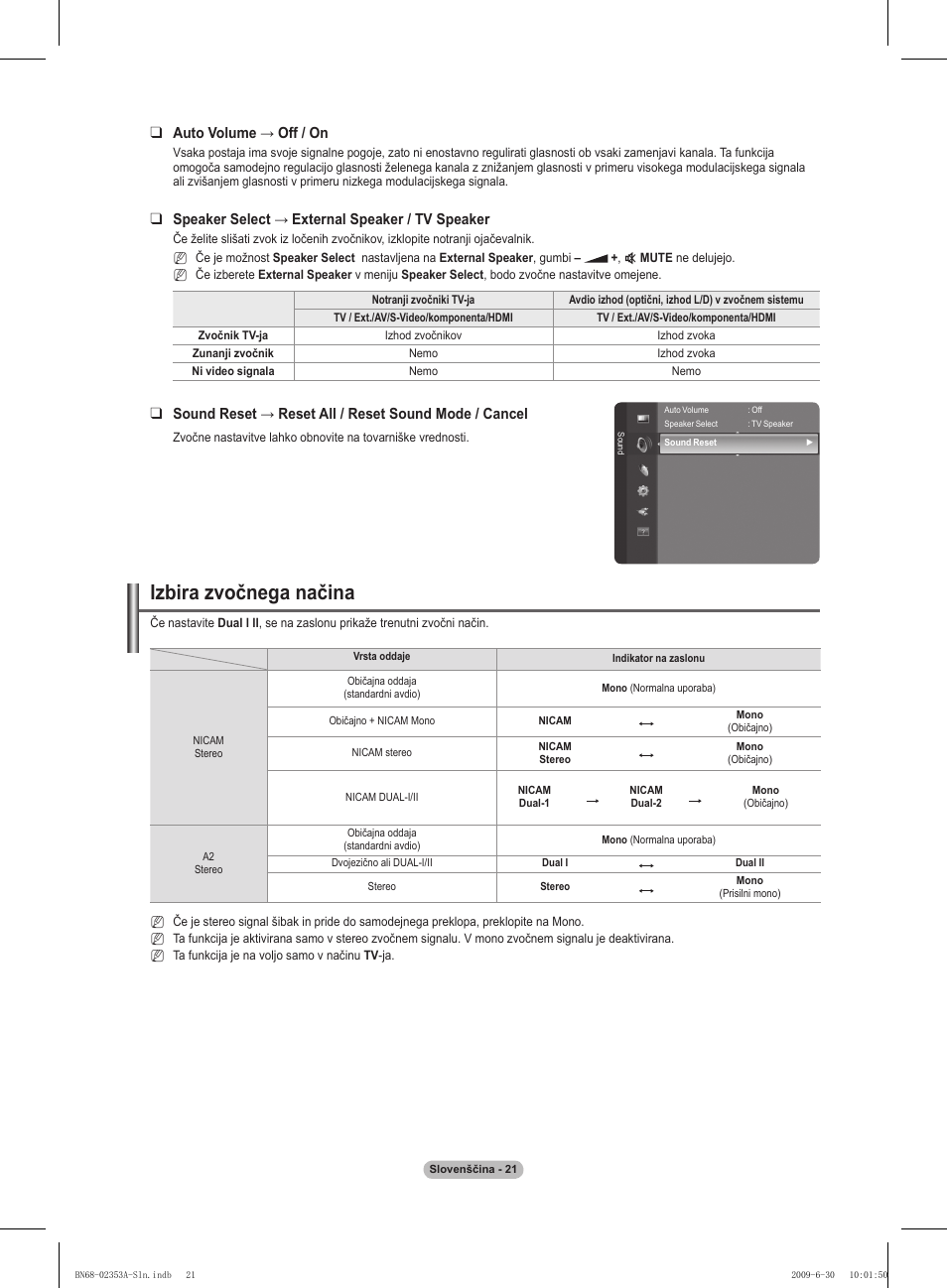 Izbira zvočnega načina, Auto volume → off / on, Speaker select → external speaker / tv speaker | Samsung PS50B430P2W User Manual | Page 239 / 283