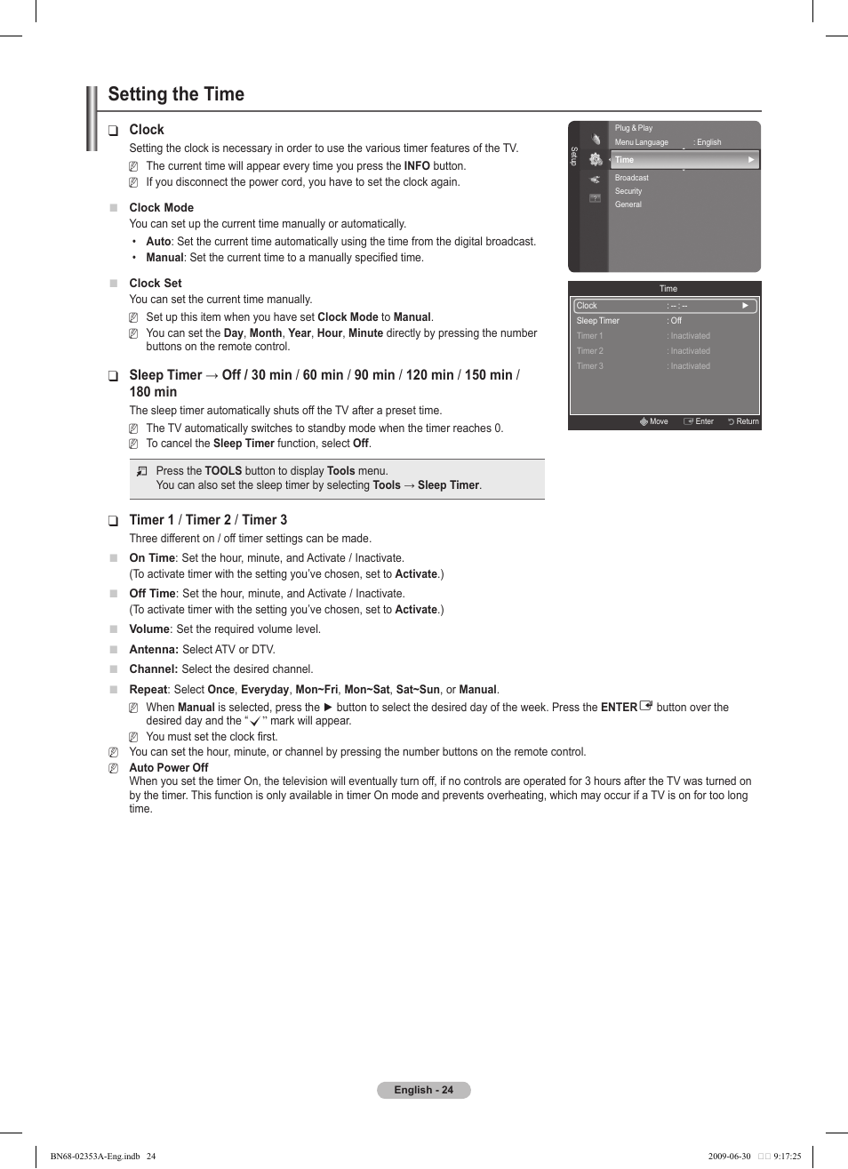 Setting the time, Clock, Sleep timer → off / 30 min | Timer 1, Timer 2 / timer 3 | Samsung PS50B430P2W User Manual | Page 24 / 283