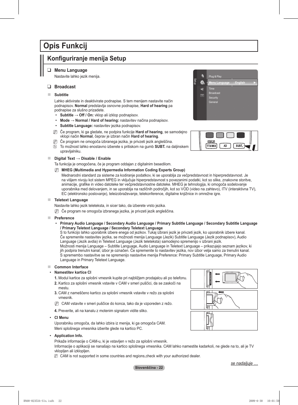 Opis funkcij, Konfiguriranje menija setup | Samsung PS50B430P2W User Manual | Page 240 / 283