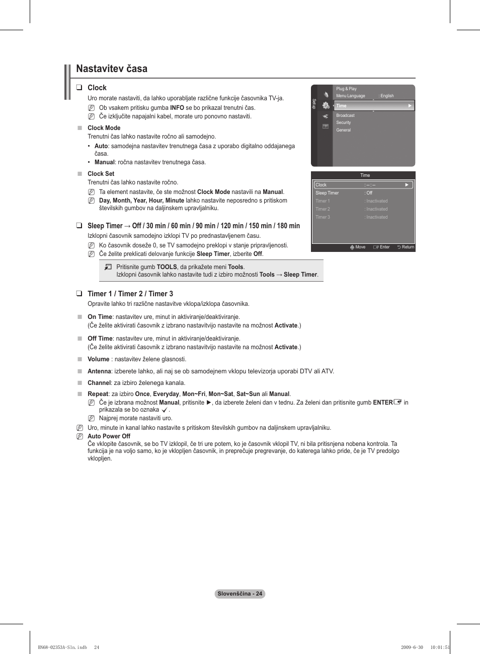 Nastavitev časa, Clock, Timer 1 / timer  / timer 3 | Samsung PS50B430P2W User Manual | Page 242 / 283