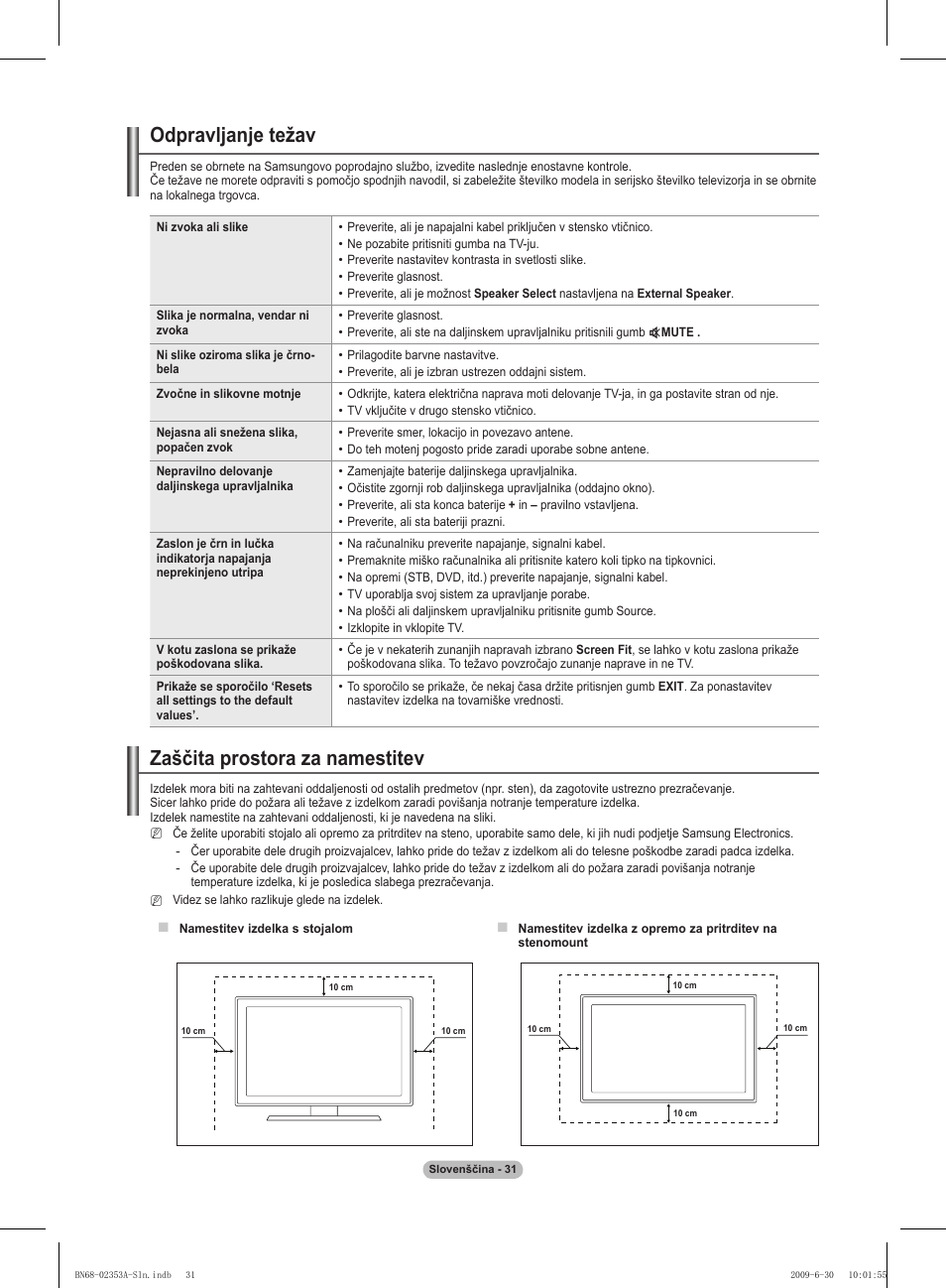 Odpravljanje težav, Zaščita prostora za namestitev | Samsung PS50B430P2W User Manual | Page 249 / 283