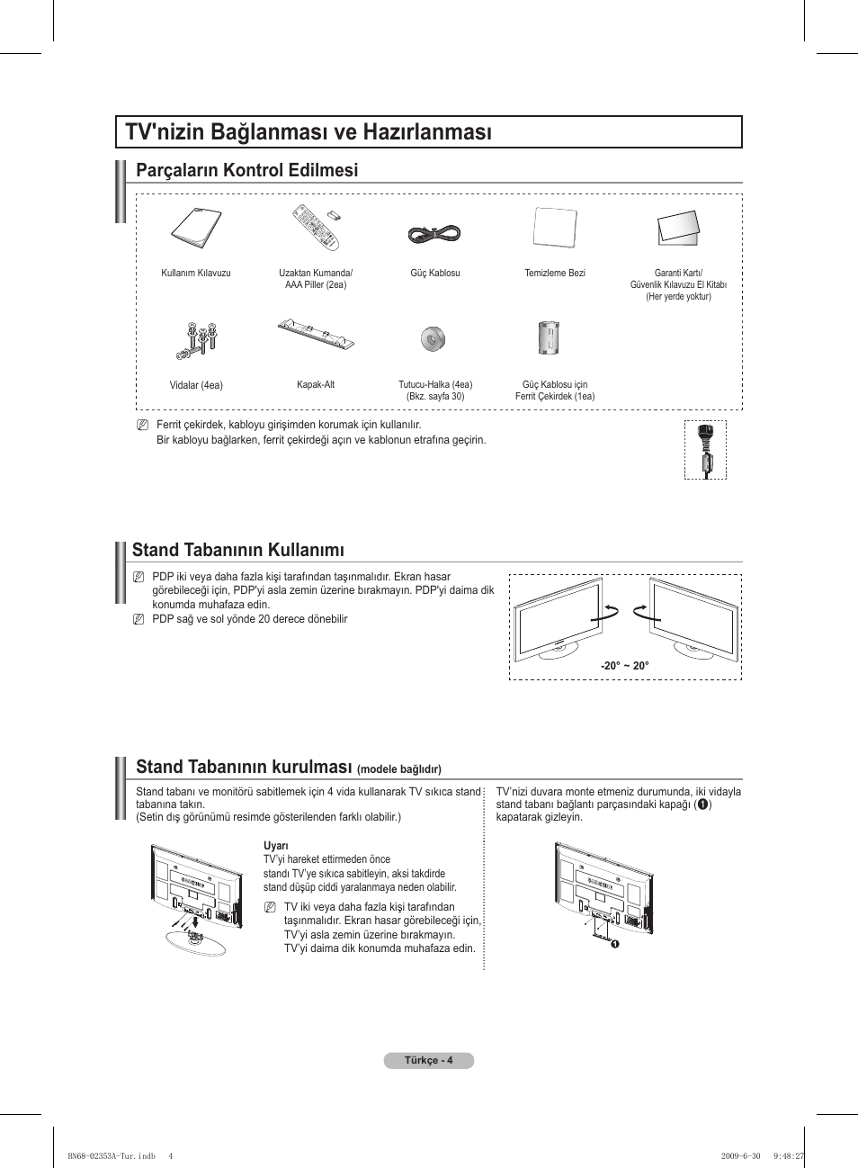 Tv'nizin bağlanması ve hazırlanması, Parçaların kontrol edilmesi, Stand tabanının kullanımı | Stand tabanının kurulması | Samsung PS50B430P2W User Manual | Page 253 / 283