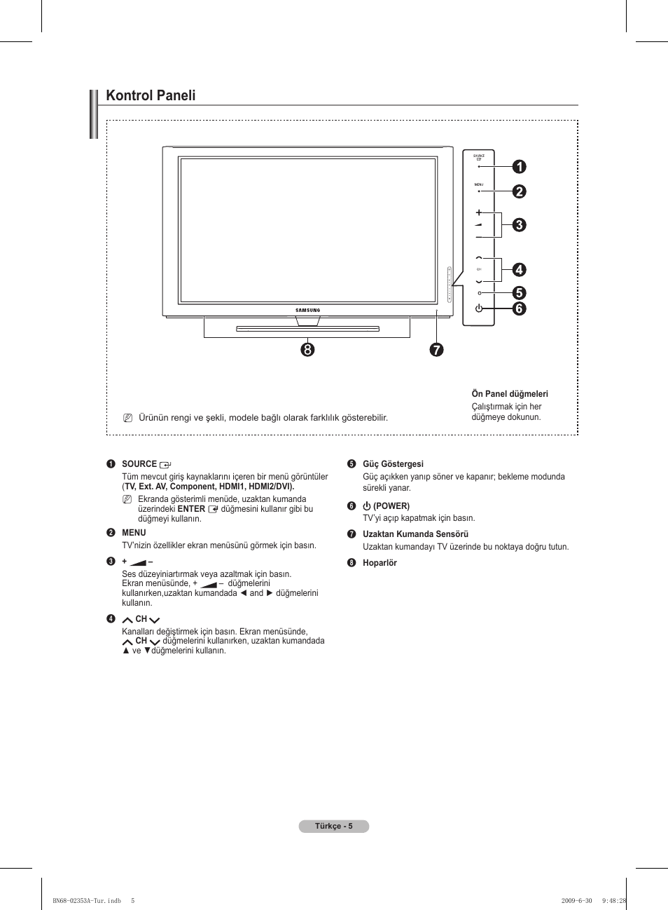 Kontrol paneli | Samsung PS50B430P2W User Manual | Page 254 / 283