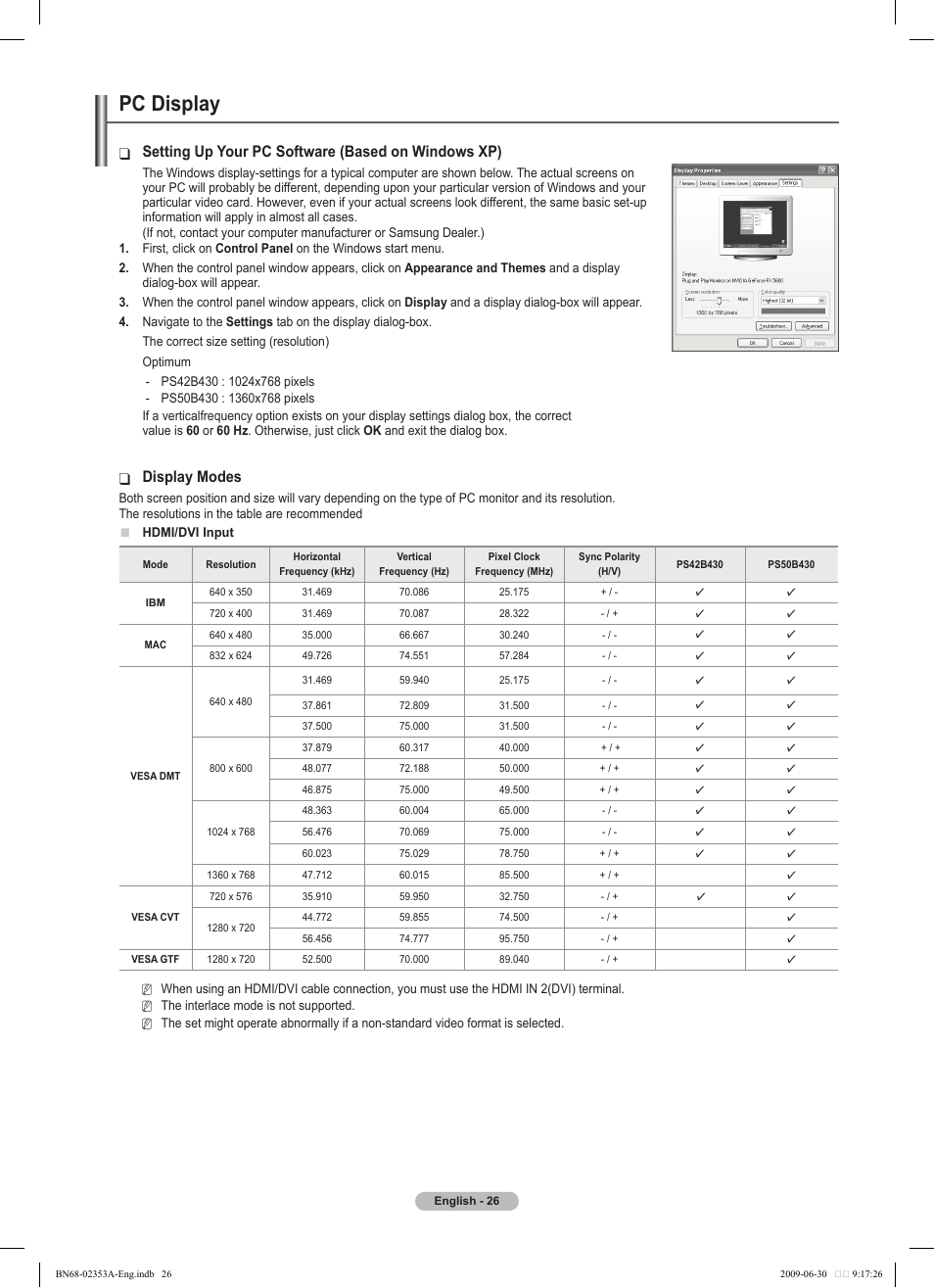 Pc display, Display modes, Setting up your pc software (based on windows xp) | Samsung PS50B430P2W User Manual | Page 26 / 283