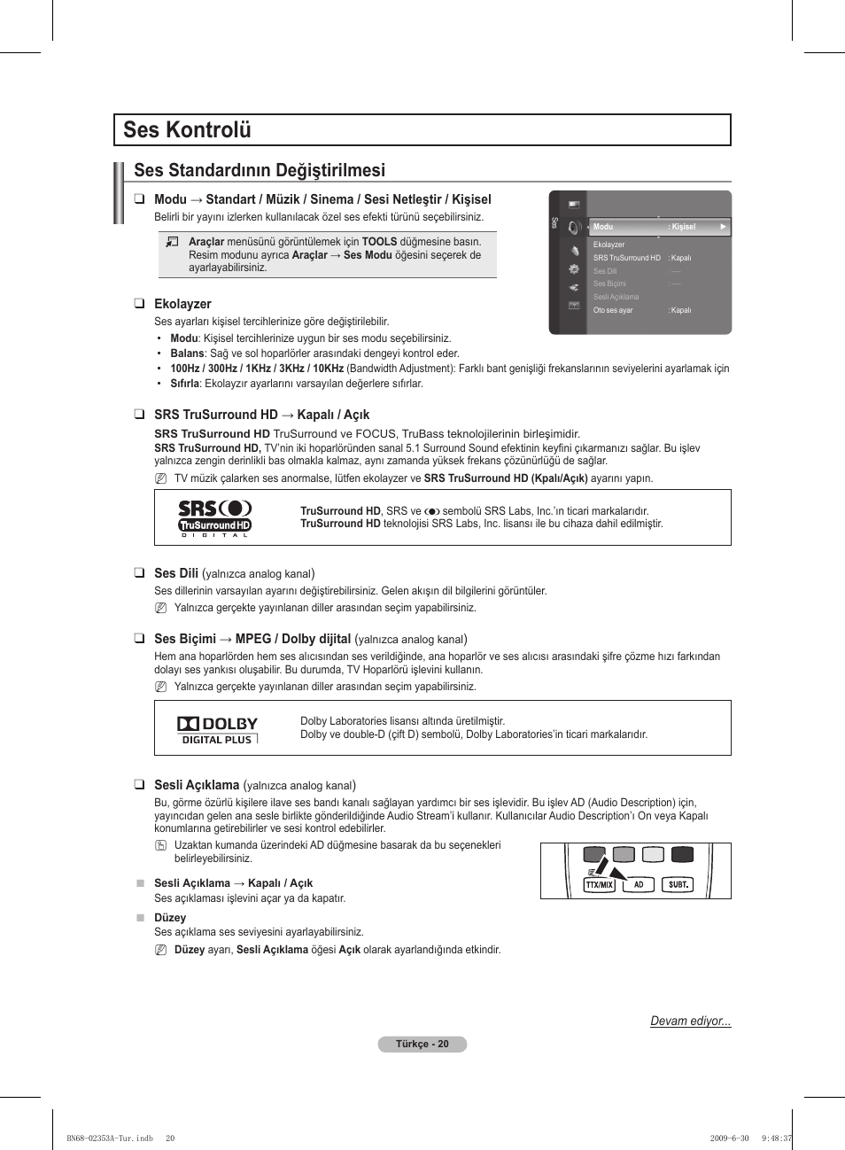 Ses kontrolü, Ses standardının değiştirilmesi | Samsung PS50B430P2W User Manual | Page 269 / 283