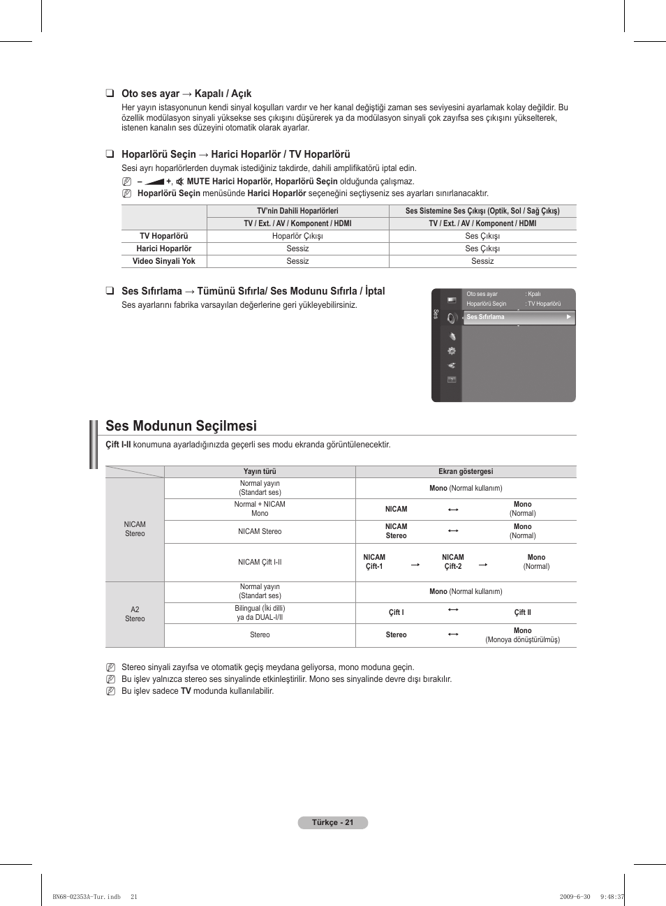 Ses modunun seçilmesi, Oto ses ayar → kapalı / açık, Hoparlörü seçin → harici hoparlör / tv hoparlörü | Samsung PS50B430P2W User Manual | Page 270 / 283