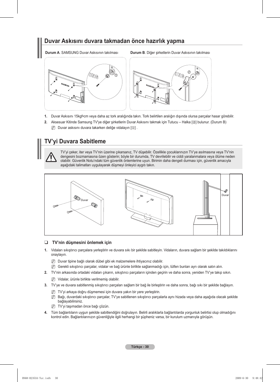 경고 주의 경고 주의, Tv’yi duvara sabitleme, Duvar askısını duvara takmadan önce hazırlık yapma | Samsung PS50B430P2W User Manual | Page 279 / 283