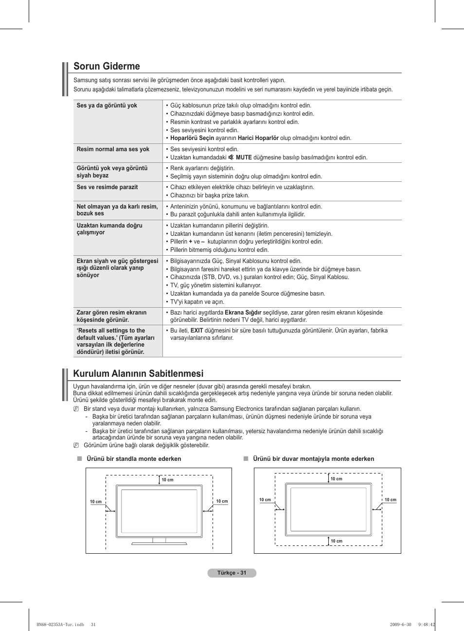 Sorun giderme, Kurulum alanının sabitlenmesi | Samsung PS50B430P2W User Manual | Page 280 / 283