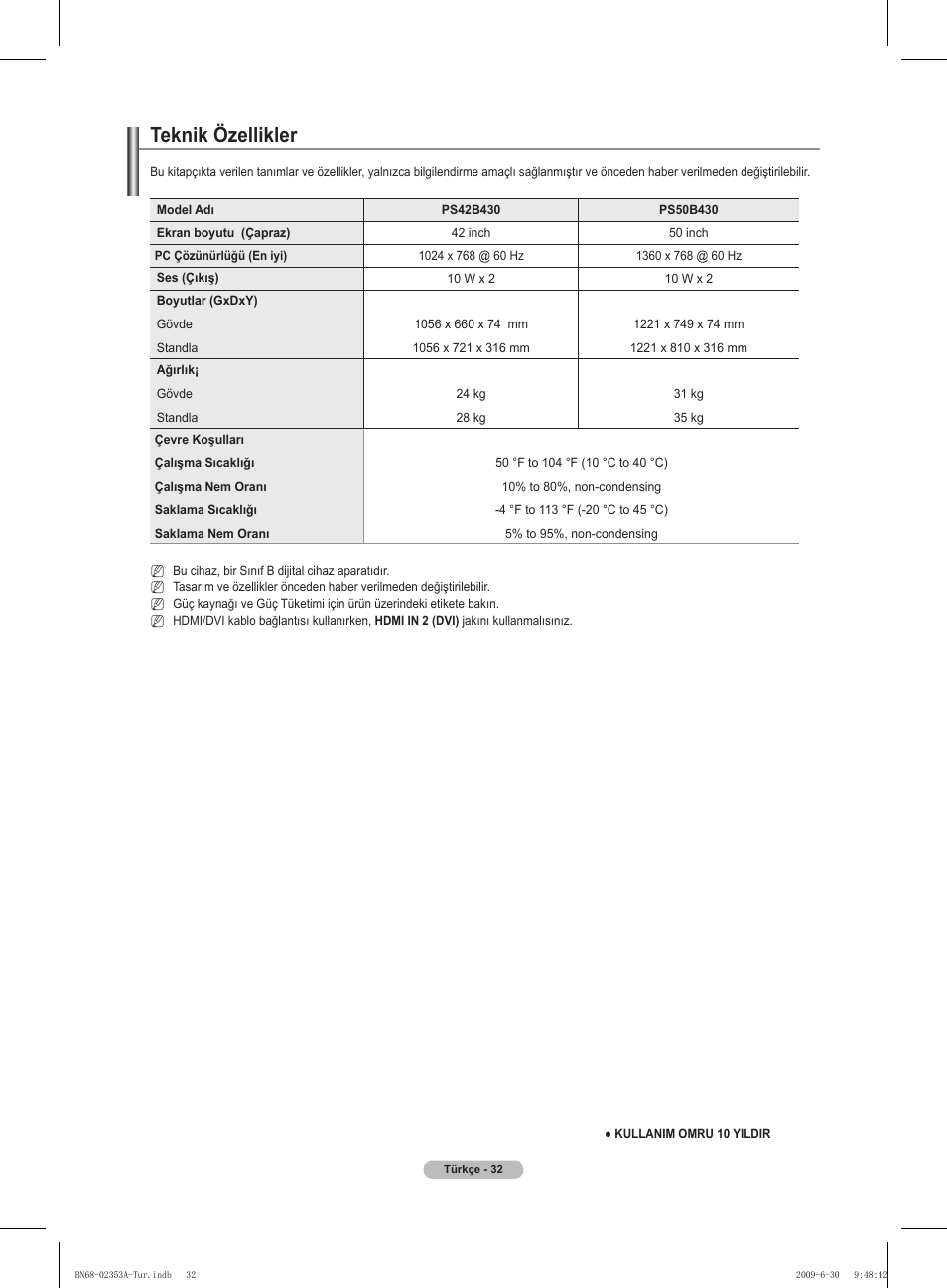 Teknik özellikler | Samsung PS50B430P2W User Manual | Page 281 / 283