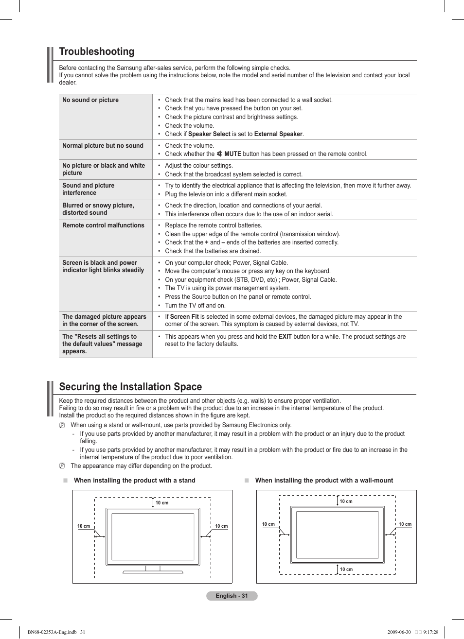 Troubleshooting, Securing the installation space | Samsung PS50B430P2W User Manual | Page 31 / 283
