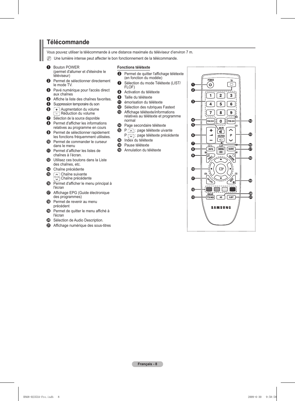 Télécommande | Samsung PS50B430P2W User Manual | Page 39 / 283