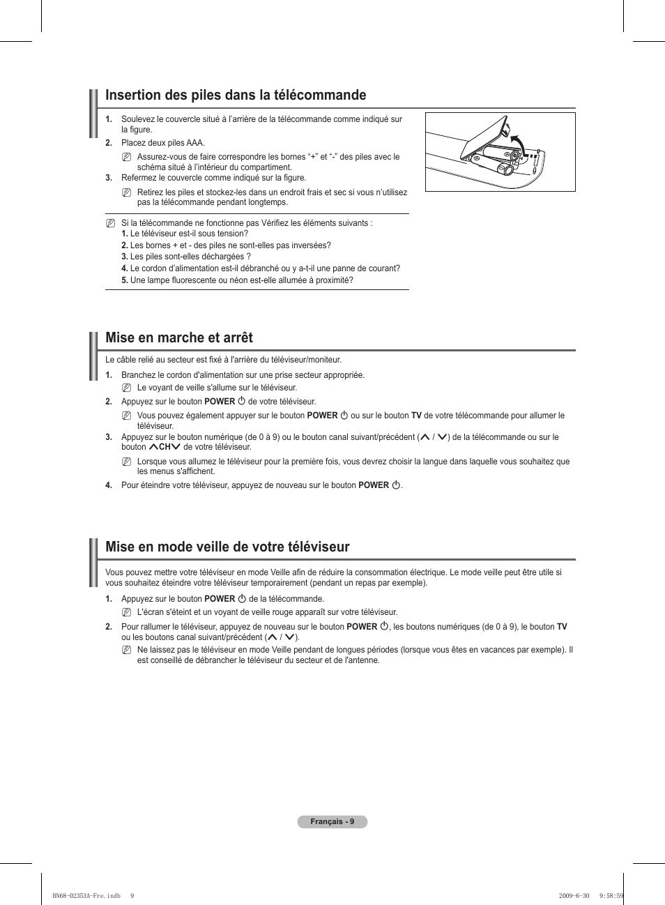 Insertion des piles dans la télécommande, Mise en marche et arrêt, Mise en mode veille de votre téléviseur | Samsung PS50B430P2W User Manual | Page 40 / 283