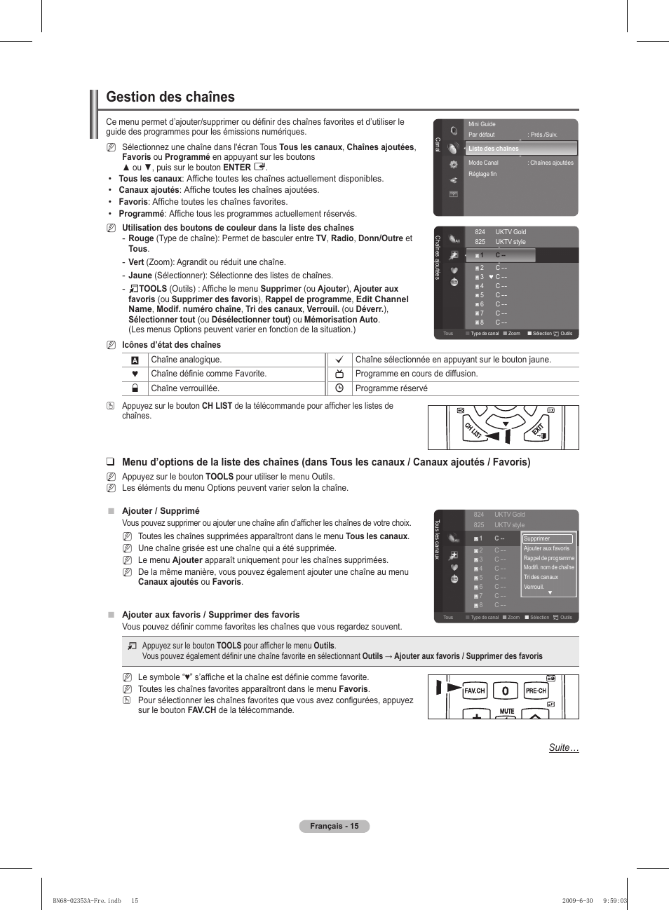 Gestion des chaînes, Suite | Samsung PS50B430P2W User Manual | Page 46 / 283