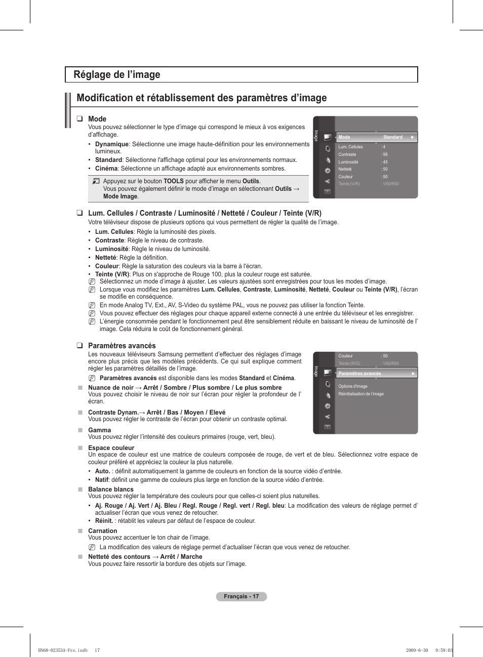 Mode, Paramètres avancés | Samsung PS50B430P2W User Manual | Page 48 / 283