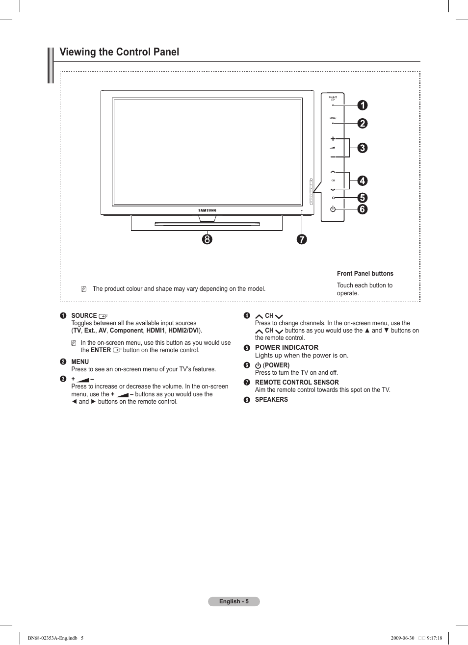 Viewing the control panel | Samsung PS50B430P2W User Manual | Page 5 / 283