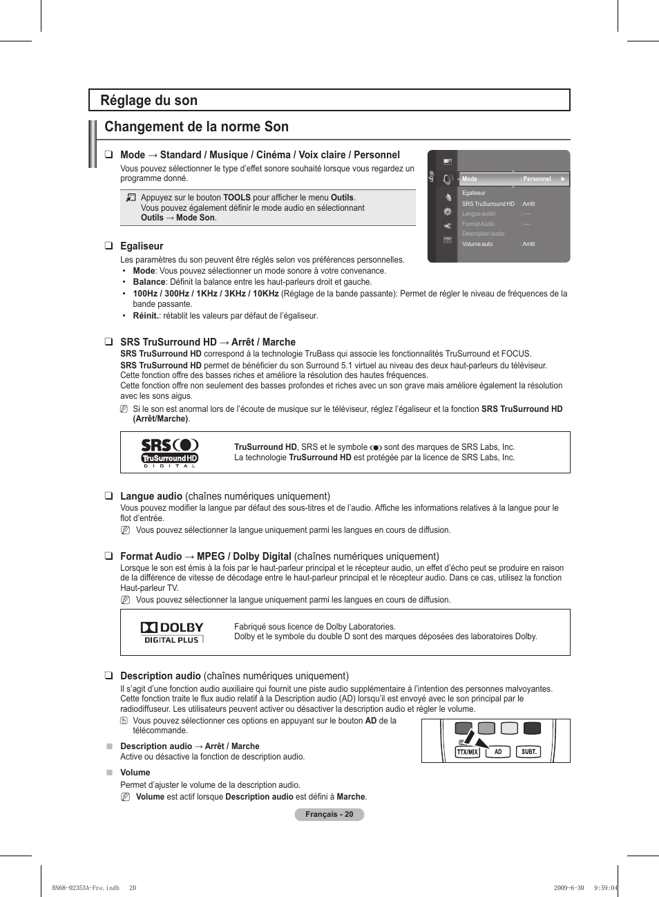 Réglage du son changement de la norme son | Samsung PS50B430P2W User Manual | Page 51 / 283