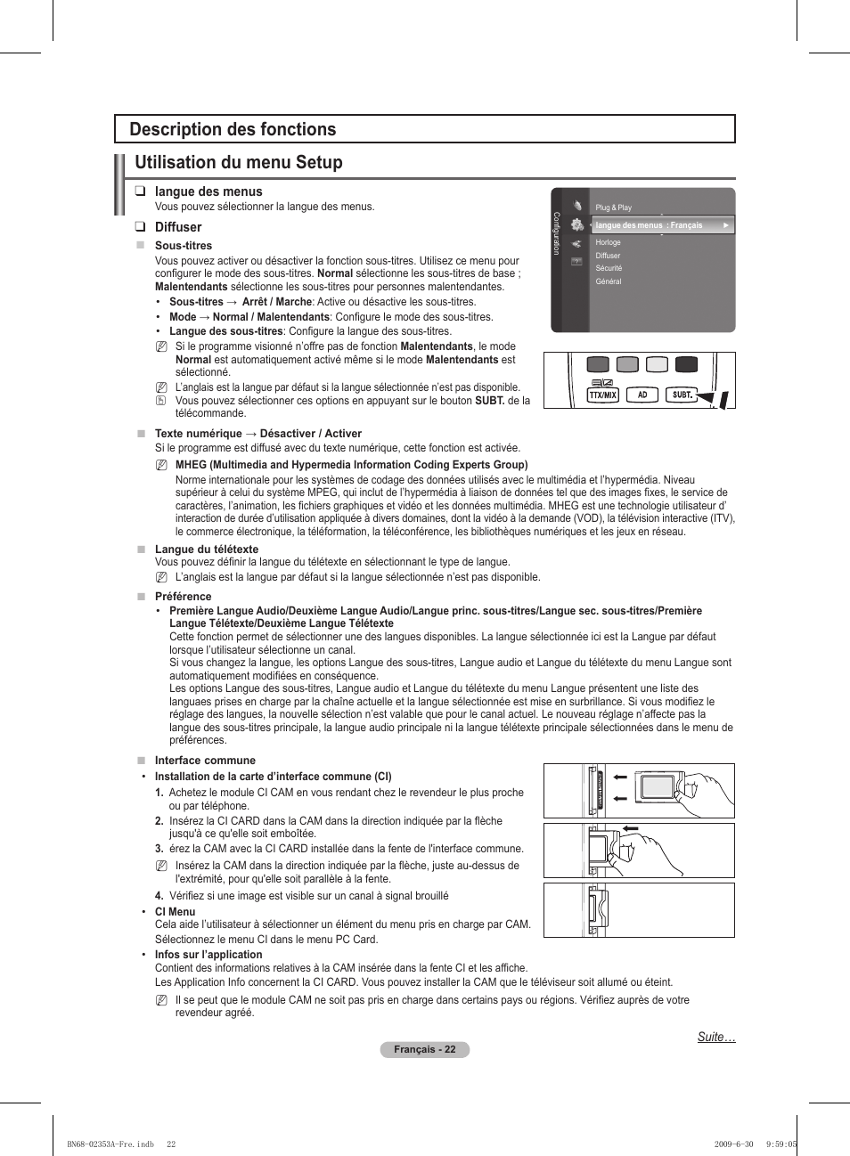 Utilisation du menu setup, Description des fonctions | Samsung PS50B430P2W User Manual | Page 53 / 283