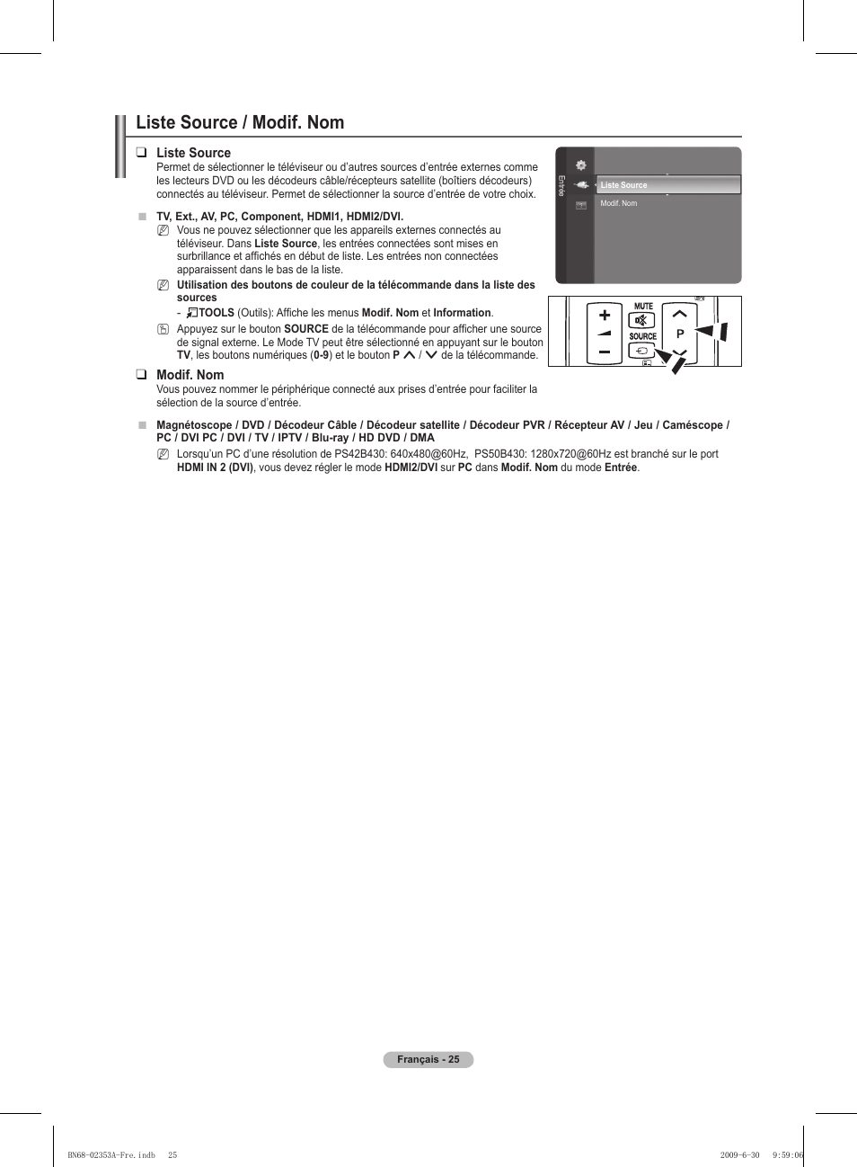 Liste source / modif. nom | Samsung PS50B430P2W User Manual | Page 56 / 283