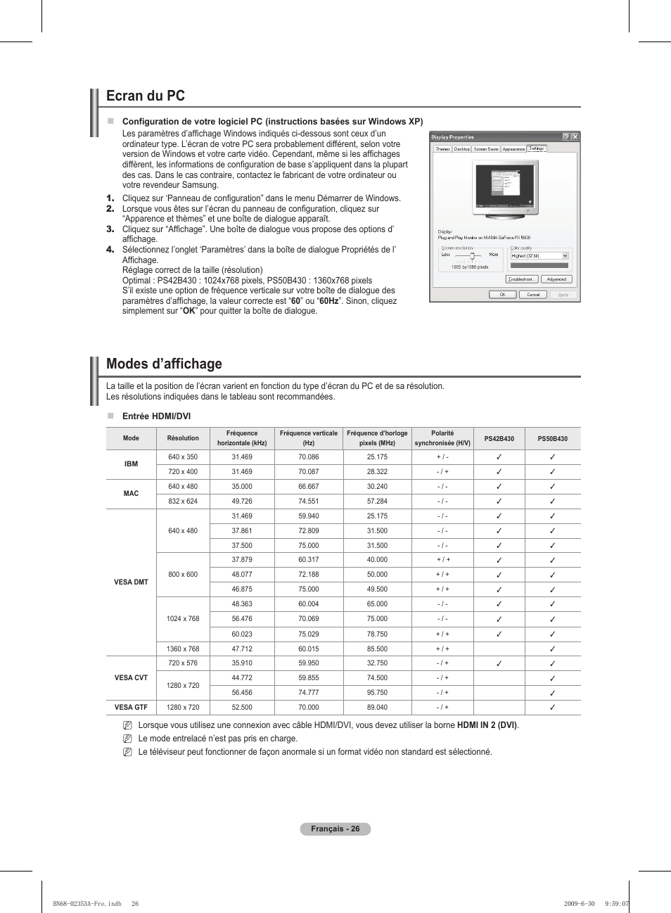 Modes d’affichage, Ecran du pc | Samsung PS50B430P2W User Manual | Page 57 / 283
