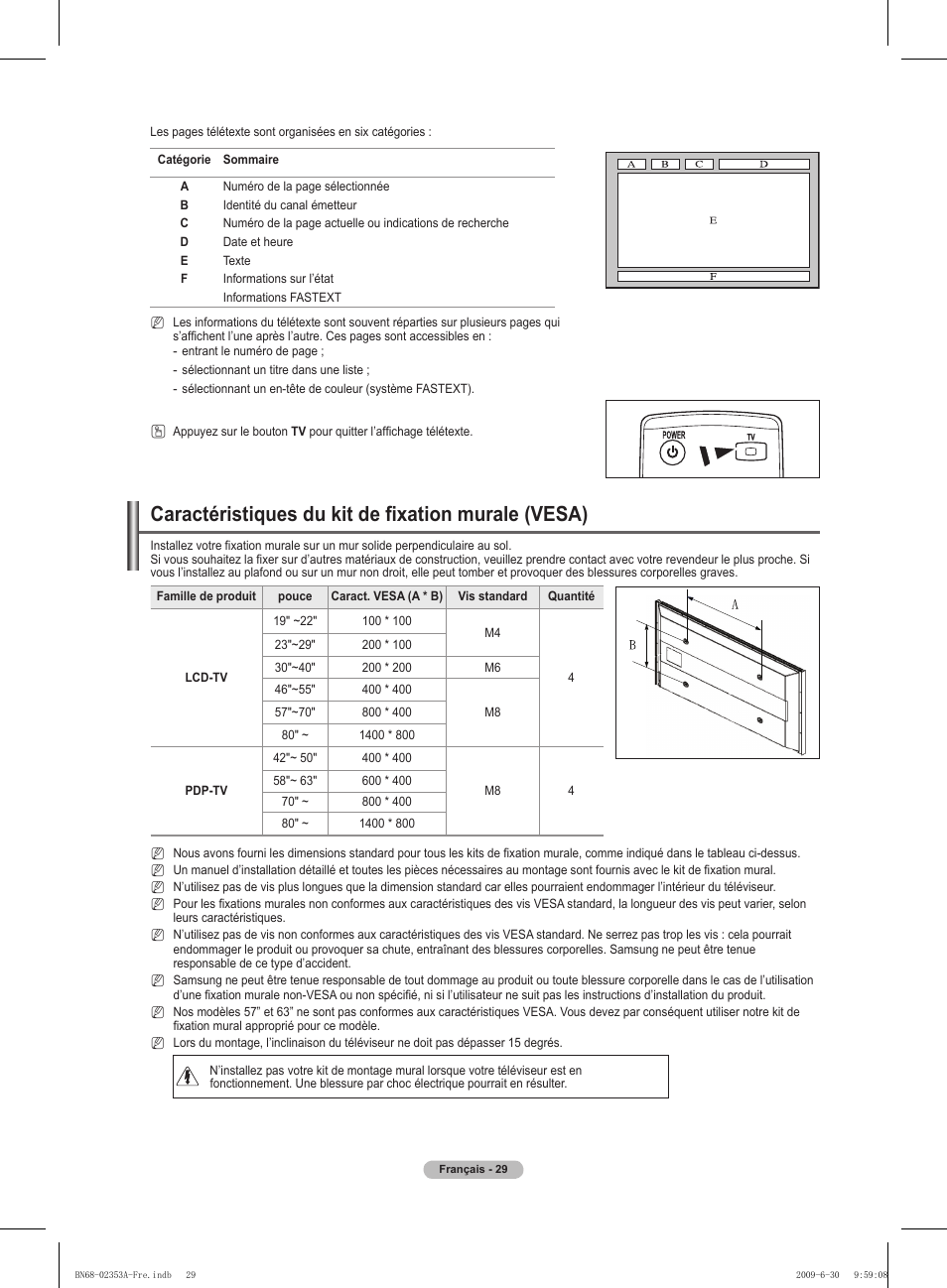 Caractéristiques du kit de fixation murale (vesa) | Samsung PS50B430P2W User Manual | Page 60 / 283