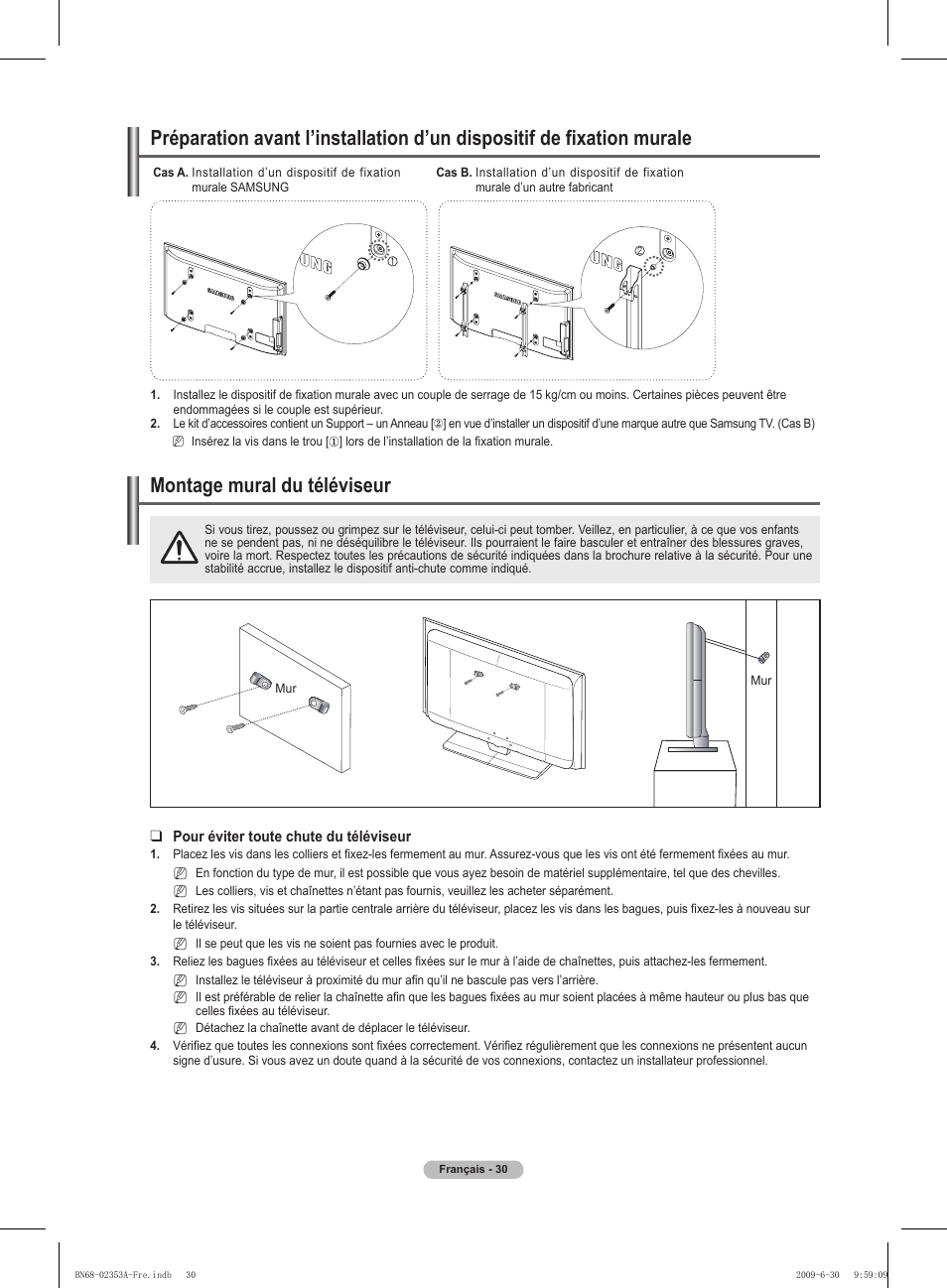 경고 주의 경고 주의, Montage mural du téléviseur | Samsung PS50B430P2W User Manual | Page 61 / 283