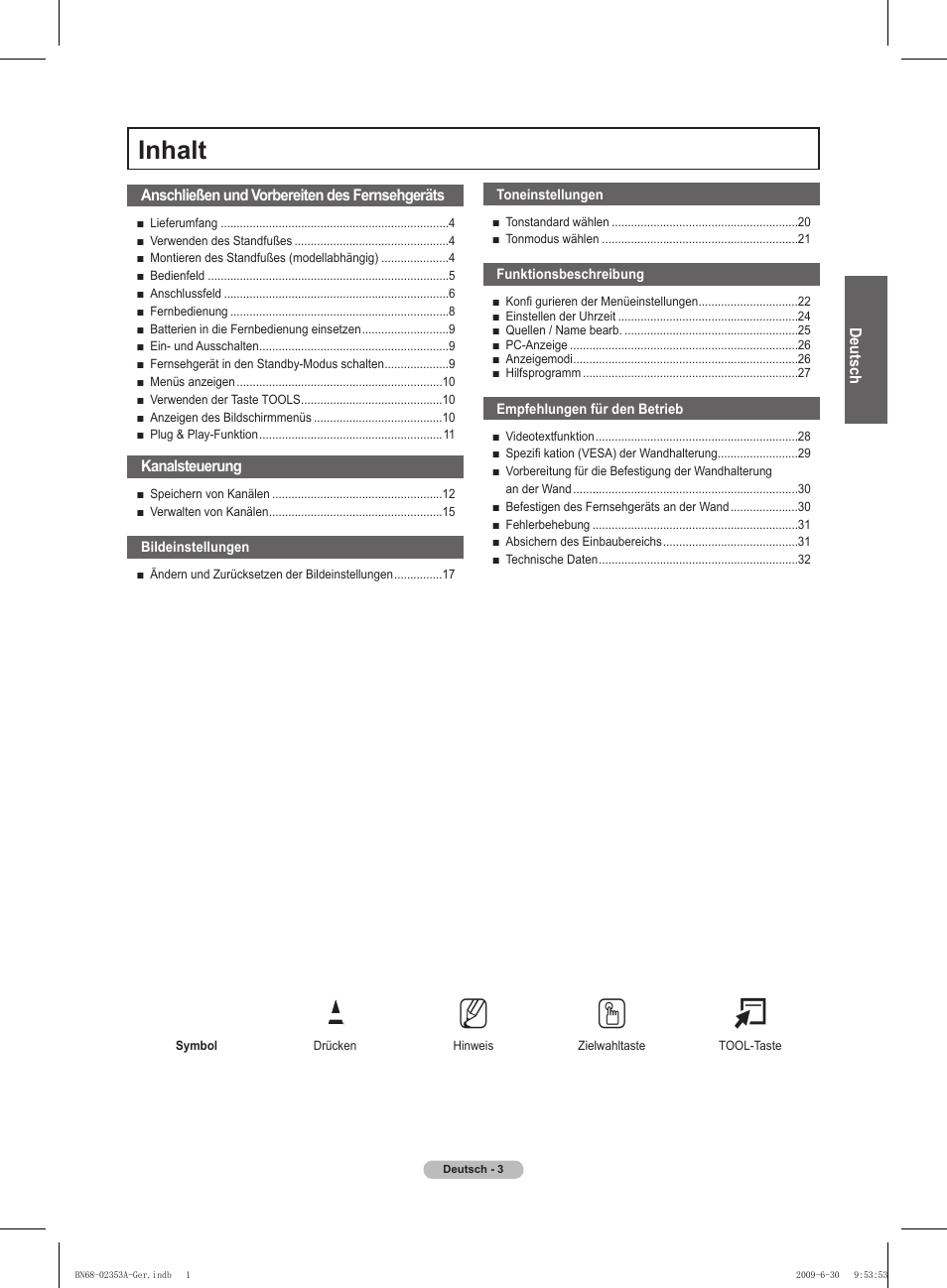 No t, Inhalt | Samsung PS50B430P2W User Manual | Page 65 / 283