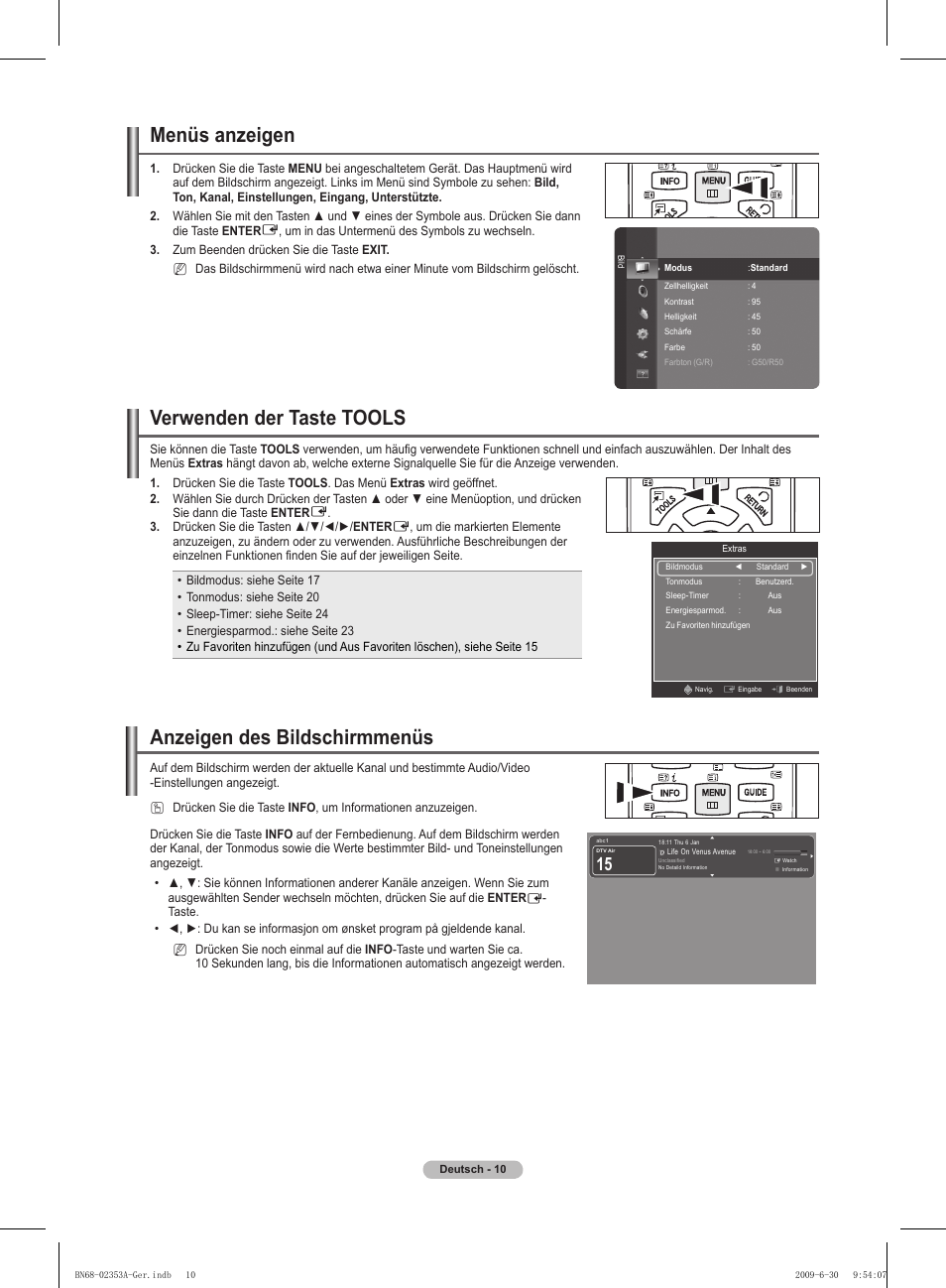 Menüs anzeigen, Verwenden der taste tools, Anzeigen des bildschirmmenüs | Samsung PS50B430P2W User Manual | Page 72 / 283