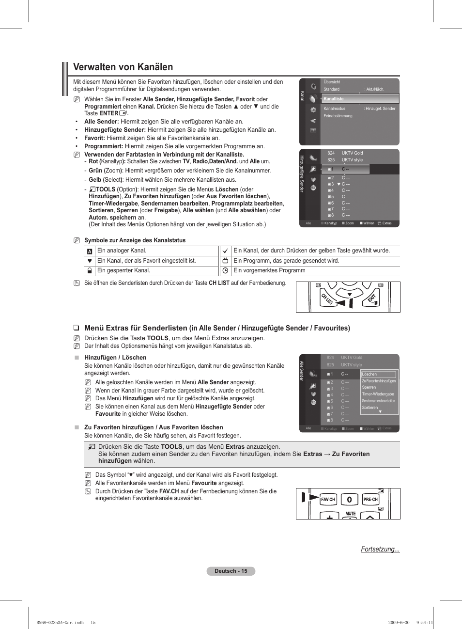 Verwalten von kanälen, Fortsetzung | Samsung PS50B430P2W User Manual | Page 77 / 283