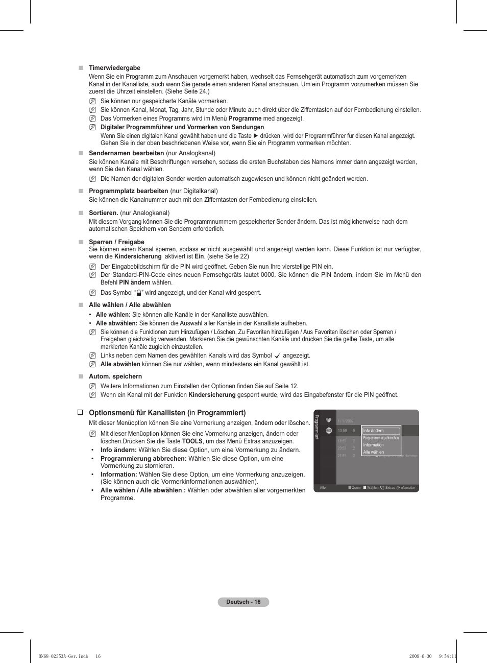 Optionsmenü für kanallisten ( in programmiert) | Samsung PS50B430P2W User Manual | Page 78 / 283