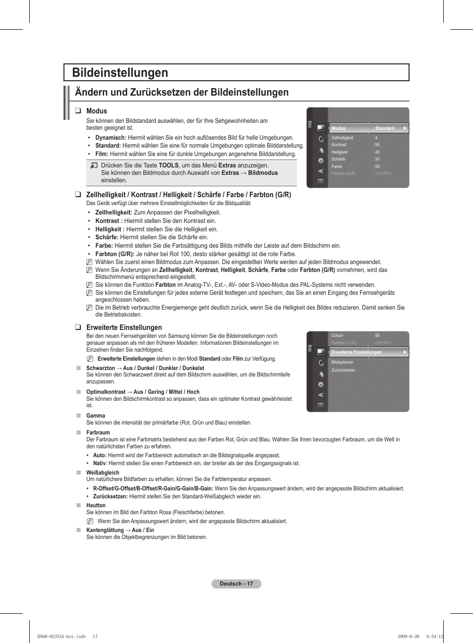 Bildeinstellungen, Ändern und zurücksetzen der bildeinstellungen, Modus | Erweiterte einstellungen | Samsung PS50B430P2W User Manual | Page 79 / 283