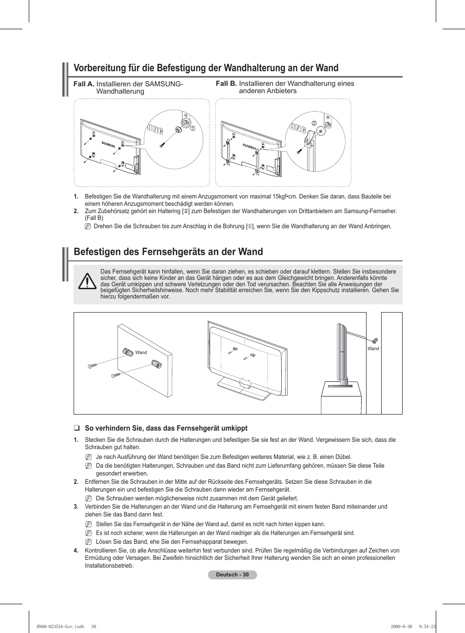 경고 주의 경고 주의, Befestigen des fernsehgeräts an der wand | Samsung PS50B430P2W User Manual | Page 92 / 283