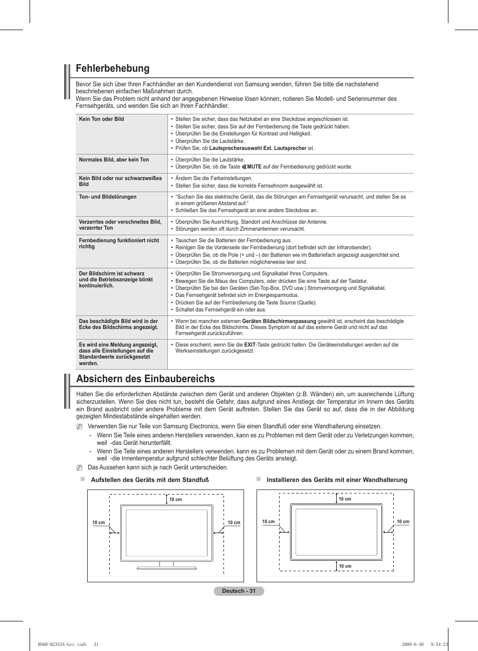 Fehlerbehebung, Absichern des einbaubereichs | Samsung PS50B430P2W User Manual | Page 93 / 283