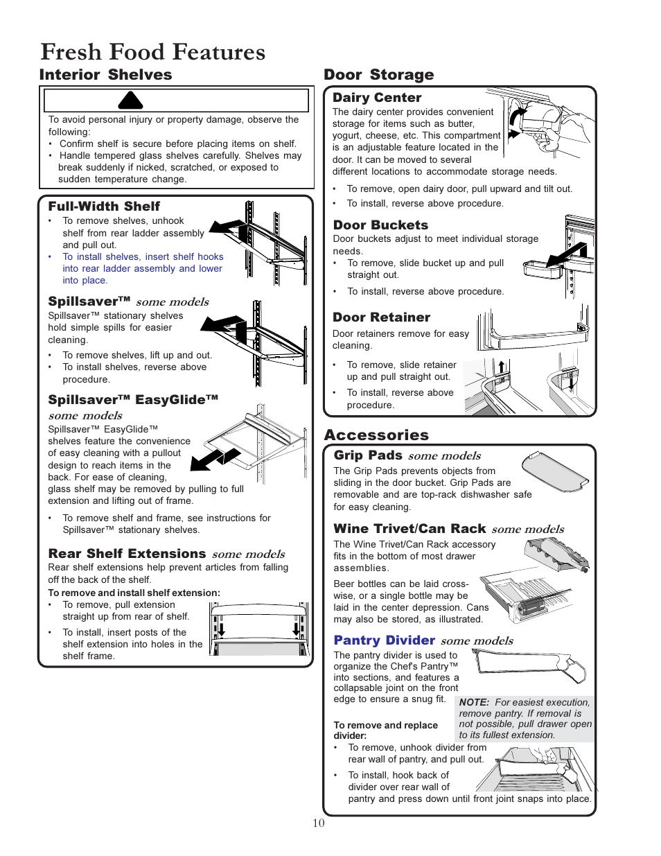 Fresh food features, Caution, Interior shelves | Door storage, Accessories | Amana W10175445A User Manual | Page 10 / 60