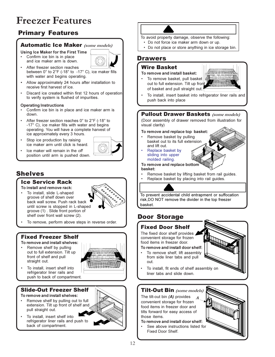 Freezer features, Caution, Danger | Drawers, Primary features, Door storage, Shelves | Amana W10175445A User Manual | Page 12 / 60