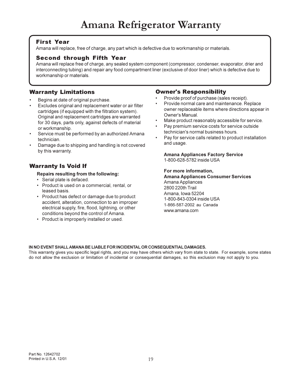Amana refrigerator warranty | Amana W10175445A User Manual | Page 19 / 60