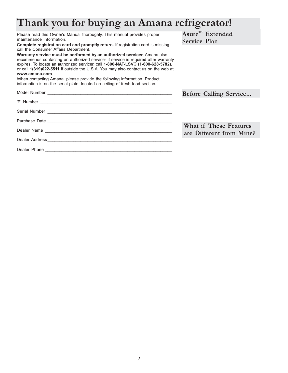 Asure, Extended service plan, Before calling service | What if these features are different from mine | Amana W10175445A User Manual | Page 2 / 60