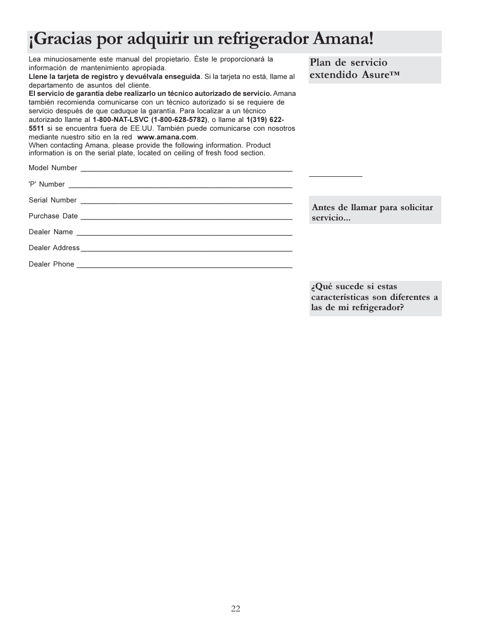 Gracias por adquirir un refrigerador amana, Plan de servicio extendido asure | Amana W10175445A User Manual | Page 22 / 60