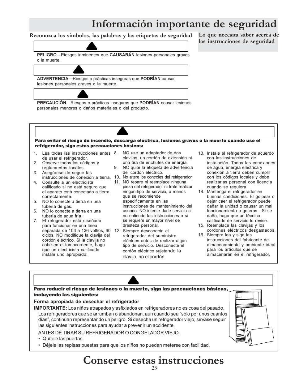 Información importante de seguridad, Conserve estas instrucciones, Advertencia | Peligro, Precaución | Amana W10175445A User Manual | Page 23 / 60